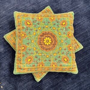 Floral Patterned Green & Yellow Throw Pillows (Pair)